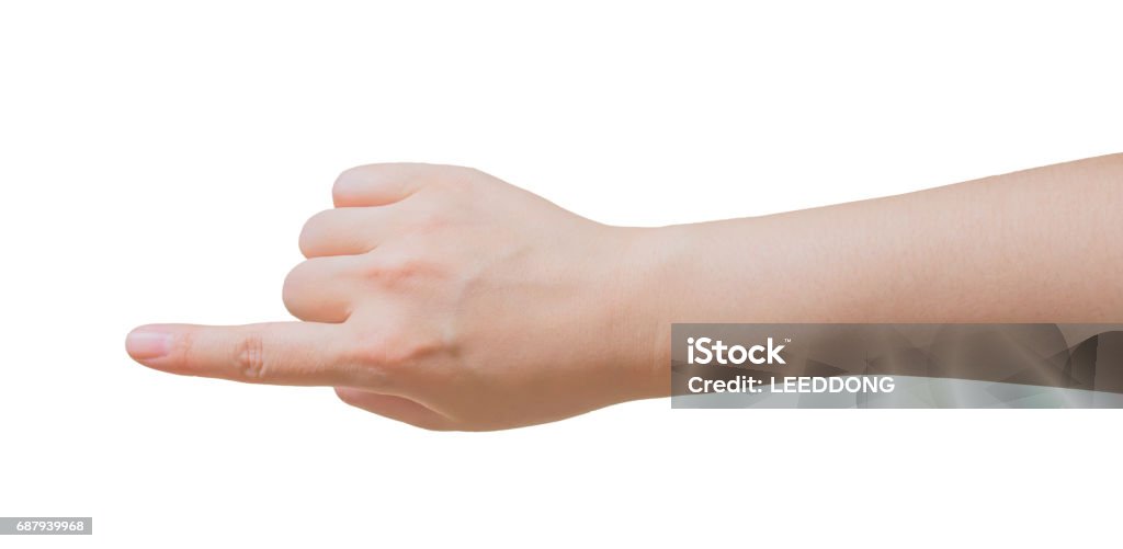 Adult female hand and wrist, with finger pointing vertically High Angle View Stock Photo