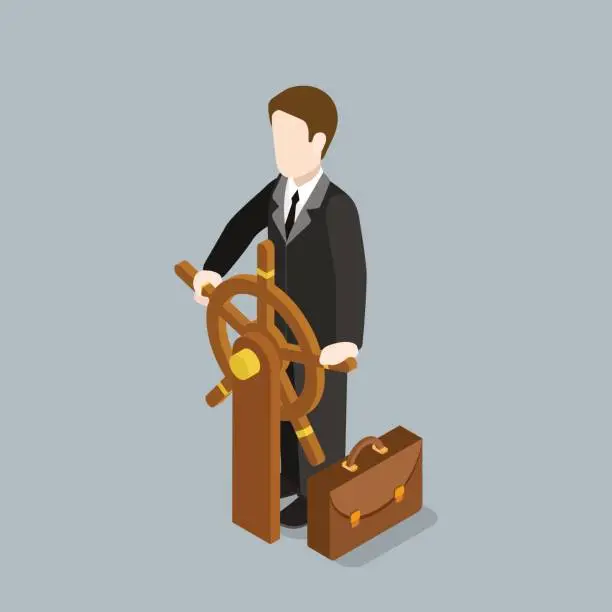 Vector illustration of Flat 3d isometric business captain concept web infographics vector illustration. Businessman driving steering wheel. Creative people collection.