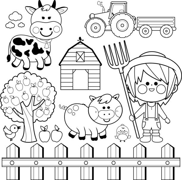 rolnik chłopiec i zwierzęta kolekcji. czarno-biała strona kolorowanki - tree book apple apple tree stock illustrations