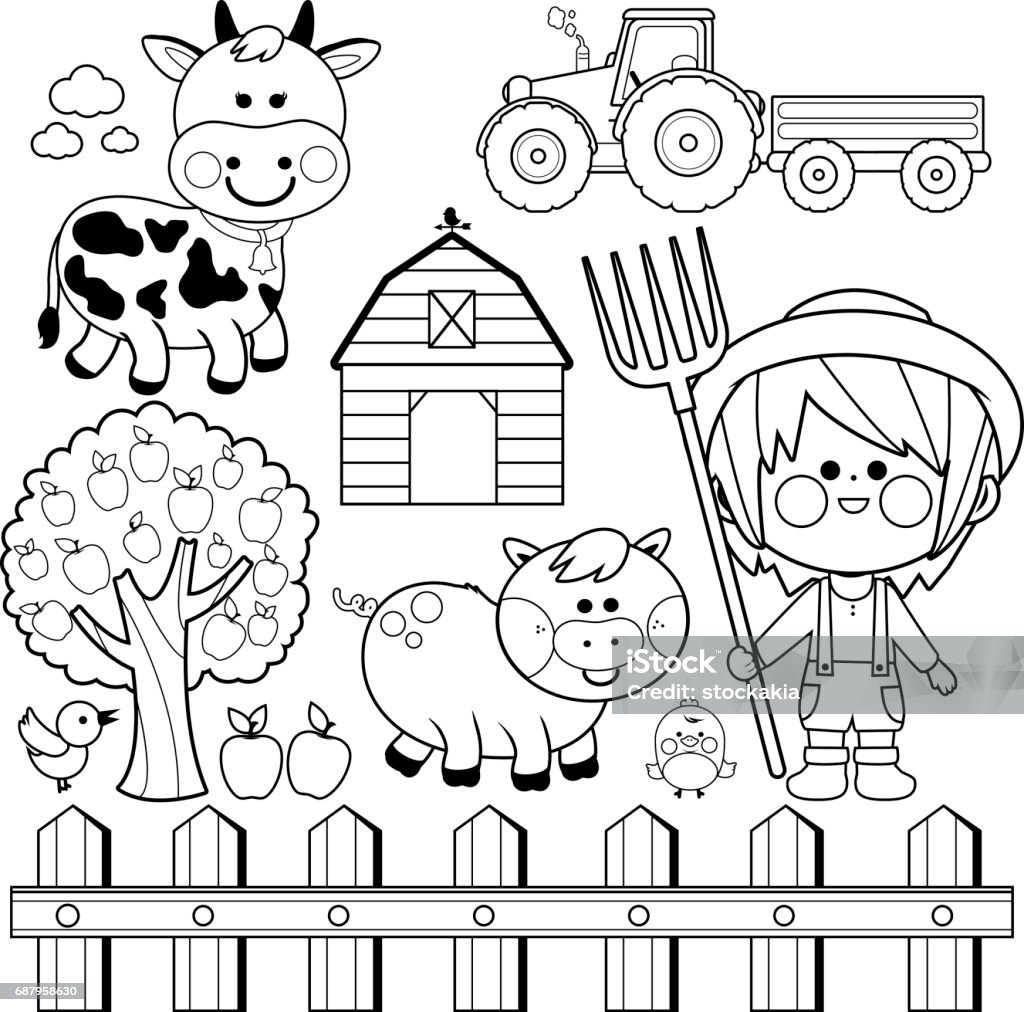 Farmer boy and animals collection. Black and white coloring book page Set of farm animals and farmer boy. Black and white coloring book page Farm stock vector