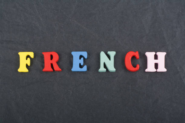istock FRENCH word on black board background composed from colorful abc alphabet block wooden letters, copy space for ad text. Learning english concept 687958636