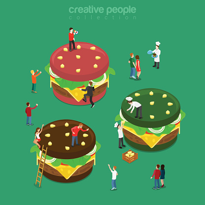Color burgers flat 3d isometry isometric concept web infographics vector illustration. Micro cook prepare big green red brown burger. Restaurant cafe bistro eatery service. Creative people collection.
