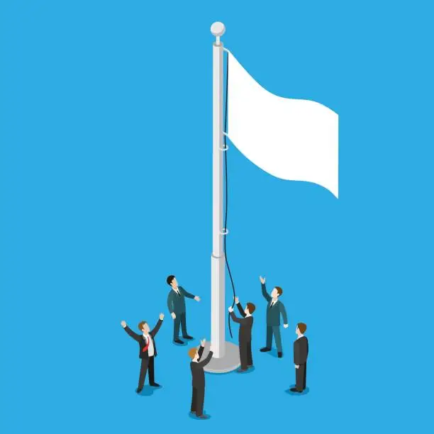 Vector illustration of Businessmen raising white empty flag on flagpole flagstaff flat 3d isometry isometric business politics truce armistice concept web infographics vector illustration. Creative people collection.