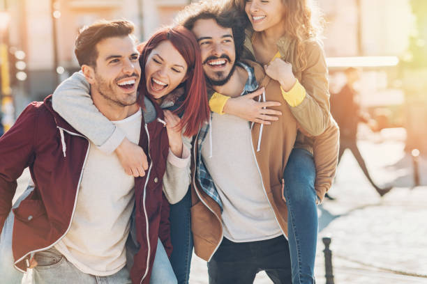 istock Playful young couples in the city 687965518
