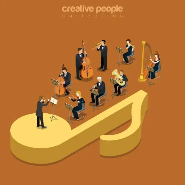 Vector illustration of Classic instrumental orchestra concert flat 3d isometry isometric music show concert concept web vector illustration. Micro classical musician band playing on huge note. Creative people collection.