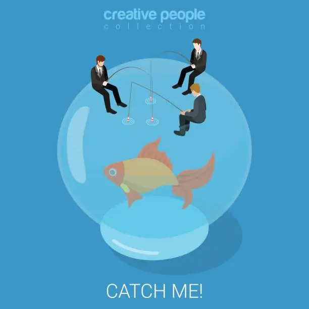 Vector illustration of Catch goldfish fate destiny success flat 3d isometry isometric business concept web infographics vector illustration. Businessmen fishing gold fish in spheric aquarium. Creative people collection.