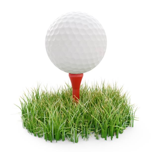 istock 3d rendering golf ball on red tee and green grass isolated on white 687986842