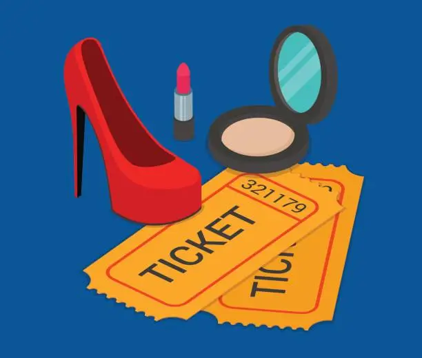 Vector illustration of Fashion pret-a-porter show attendance ticket booking flat 3d isometry isometric web site vector template illustration. Red women shoe lipstick powder two paper tickets. Creative infographic collection