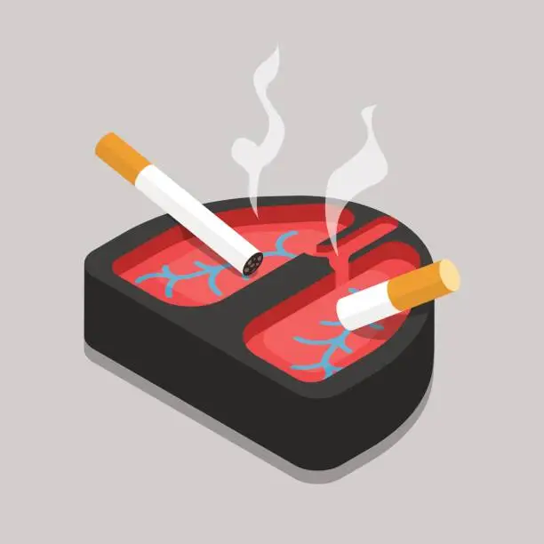 Vector illustration of Bad habit lungs ashtray flat 3d isometry isometric concept web vector illustration. Smoking cigarettes lying in lung shape ash tray.