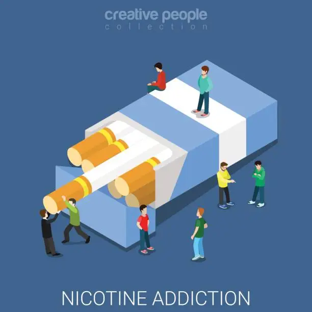 Vector illustration of Nicotine addiction flat 3d isometry isometric concept web vector illustration. Micro people taking cigarette out of pack. Creative people collection.