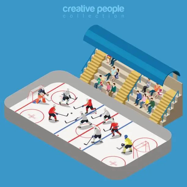 Vector illustration of Ice hockey arena stadium competition match play. Sport modern lifestyle flat 3d web isometric infographic vector. Young joyful people team sports championship. Creative sportsmen people collection.