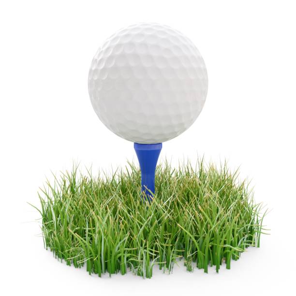 istock 3d rendering golf ball on blue tee and green grass isolated on white 687987128