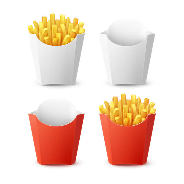 Vector Set of Packed Potatoes French Fries Vector Set of Packed Potatoes French Fries with Red White Blank Empty Carton Package Box Isolated on Background. Fast Food french fries stock illustrations