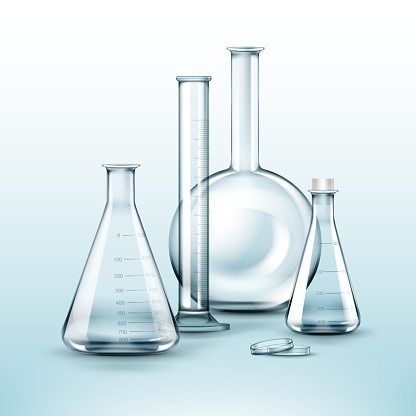Vector set of transparent glass chemical laboratory flasks, test tube isolated on background