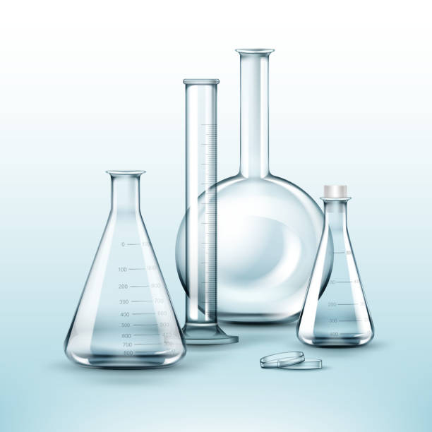 Different chemical flasks Vector set of transparent glass chemical laboratory flasks, test tube isolated on background flask funnel stock illustrations