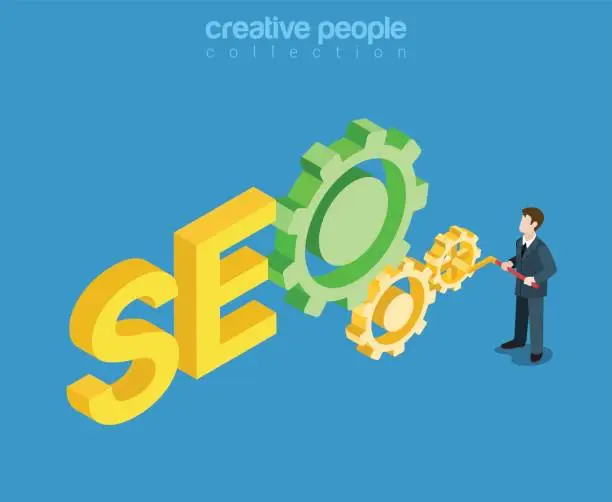 Vector illustration of SEO flat 3d isometry isometric technology online internet marketing concept web infographics vector illustration. Search Engine Optimization Process cog wheel gear mechanism lever arm levering.