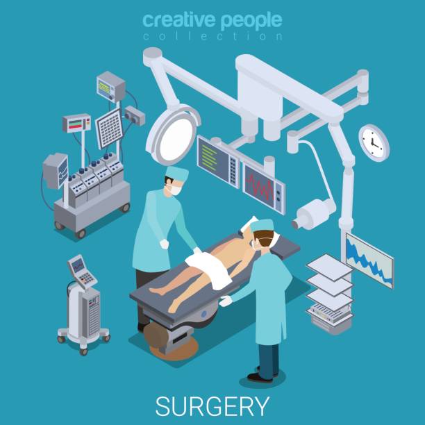 illustrations, cliparts, dessins animés et icônes de bloc opératoire hôpital traiter plat 3d illustration vectorielle d’isométrie isométrique concept web. equipement professionnel de l’outil de deux médecins patients tableau opérationnel. collection de gens créatifs. - 3518