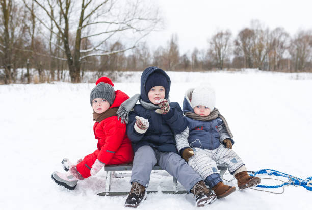 istock Three children sit on the sledge in winter day. 688009162