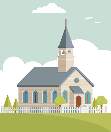 Cute church illustration with cloud sky. Global colors used easy to edit.