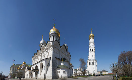 Moscow Kremlin: view of the Cathedral of the Archangel, a Russian Orthodox church dedicated to the Archangel Michael, and the Ivan the Great Bell Tower, the tallest tower of the complex