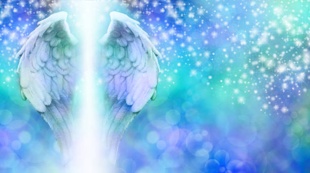 Sparkling Angel Blue Bokeh Banner Wide blue bokeh background with a rainfall of random sparkles falling from top to bottom and a large pair of Angel Wings on the left side with a shaft of bright light between pics of guardian angels stock pictures, royalty-free photos & images