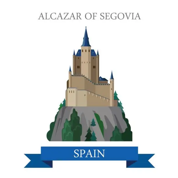 Vector illustration of Alcazar of Segovia in Spain. Flat cartoon style historic sight showplace attraction point of interest web site vector illustration. World countries cities vacation travel sightseeing collection.