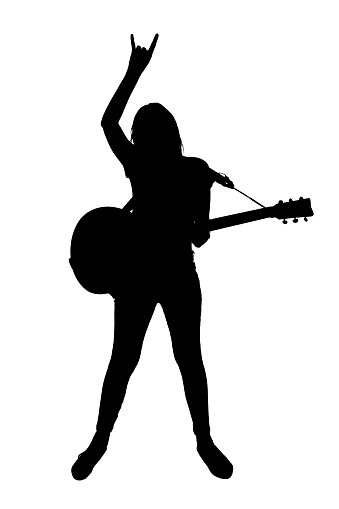 The silhouette of a rock guitarist with her metal horns in the air.