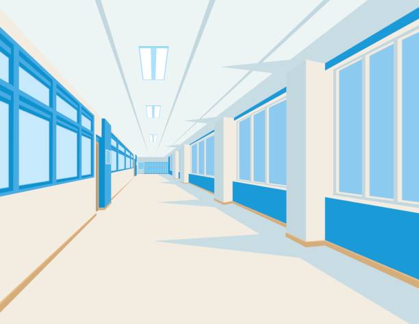 Interior of school hall in flat style. Vector illustration of university or college corridor with windows. Interior of school hall in flat style. Vector illustration of university or college corridor with windows. Light colors with red and ocher elements. Scene for your design and artwork. Perspective. conservatory education building stock illustrations