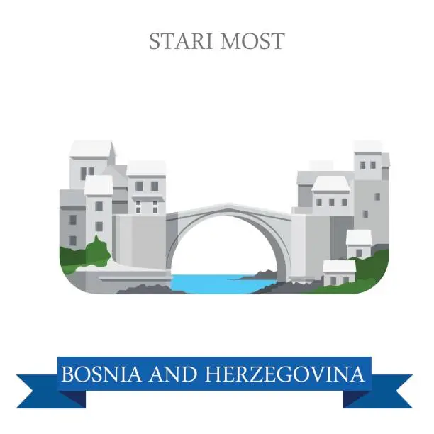 Vector illustration of Stari Most aka Old Bridge in Mostar Bosnia and Herzegovina. Flat cartoon style historic sight showplace attraction web site vector illustration. World countries cities vacation sightseeing collection.