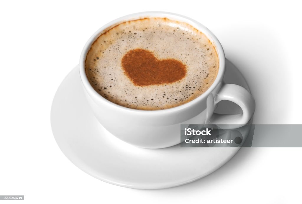 Coffee. Latte coffee with heart symbol isolated on white background Affectionate Stock Photo