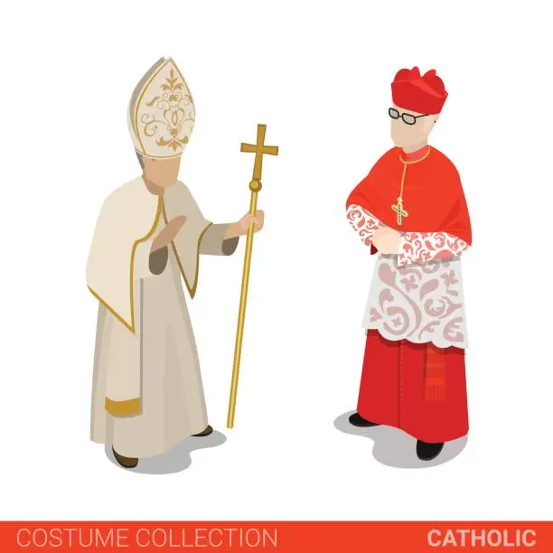 Vector illustration of Pope and Cardinal catholic couple. Flat 3d isometric web site vector illustration. People in traditional costume collection.