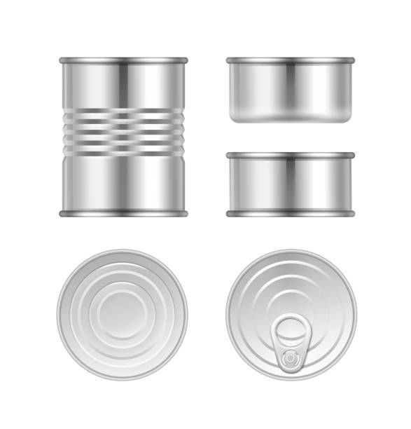 Vector set of canned goods Vector set of different steel tin cans top and side view isolated on white background top producer illustrations stock illustrations
