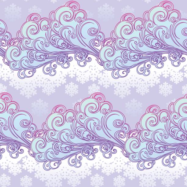 illustrations, cliparts, dessins animés et icônes de conte de fées hiver festif sans couture modèle de style. bouclés nuages ornés avec une chute de flocons. ambiance de noël. palette pastel - seamless pattern meteorology snowflake