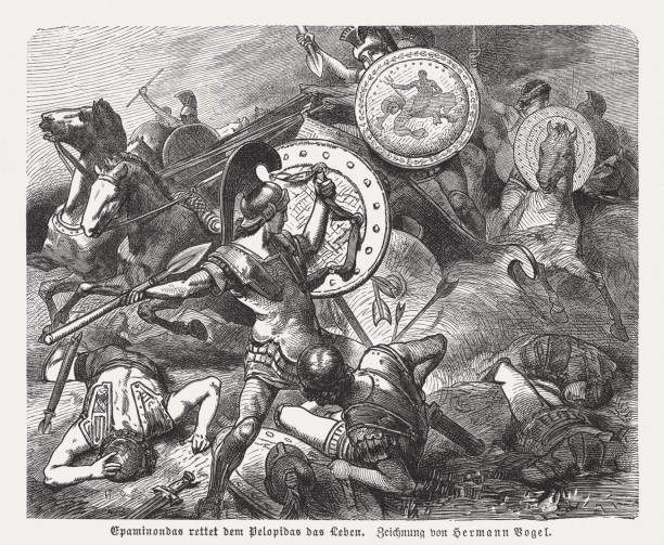 Epaminondas rescues the life of Pelopidas, wood engraving, published 1880 Greek statesman and general Epaminondas (c.418 BC - 362 BC) rescues the life of the Theban statesman and general Pelopidas (died 364 BC) in 367/366 BC. Wood engraving after a drawing by Hermann Vogel (German painter and illustrator, 1854 - 1921), published in 1880. 4th century bc stock illustrations