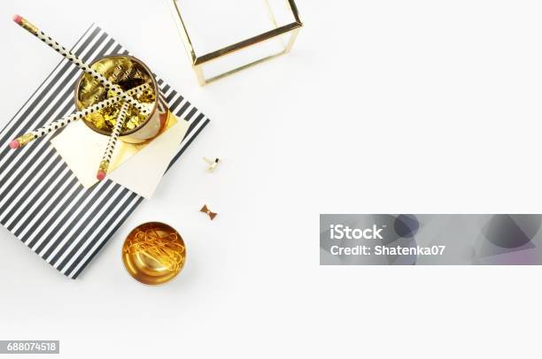 Header Website Or Hero Website View Table Gold Accessories Office Items Flat Lay Feminine Workspace Stock Photo - Download Image Now