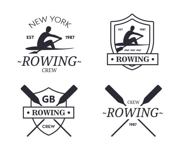 Rowing team. Vector emblem of rowing crew with paddles Rowing team. Vector emblem of rowing crew with paddles. Rower silhouette oar stock illustrations