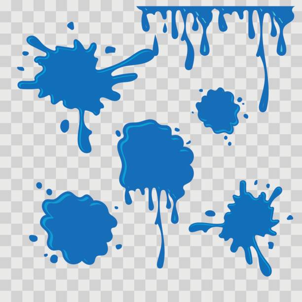 ilustrações, clipart, desenhos animados e ícones de tinta gota ilustração abstrata. gosma azul sobre fundo transparente quadriculada - espirro de tinta