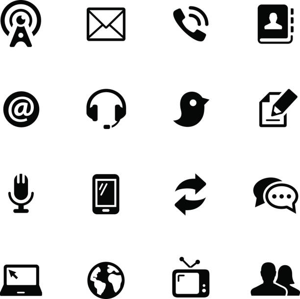 illustrazioni stock, clip art, cartoni animati e icone di tendenza di icone di comunicazione // serie nera - at symbol connection technology community