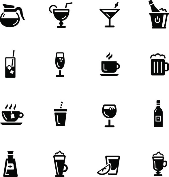 ilustraciones, imágenes clip art, dibujos animados e iconos de stock de iconos de bebidas / / serie negra - wineglass symbol coffee cup cocktail