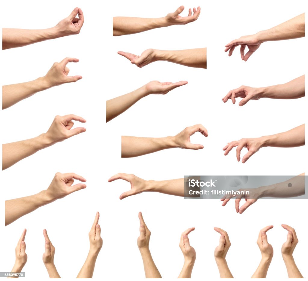 Set of man hands measuring invisible items. Isolated on white Hand Stock Photo