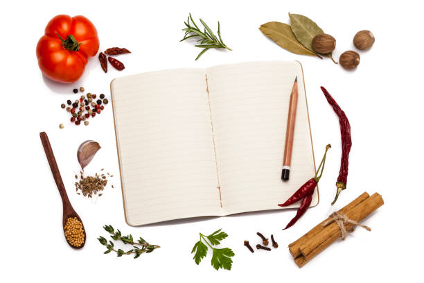 Blank cookbook and cooking ingredients