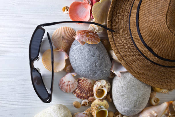 istock Beach accessories on wooden board 688102962