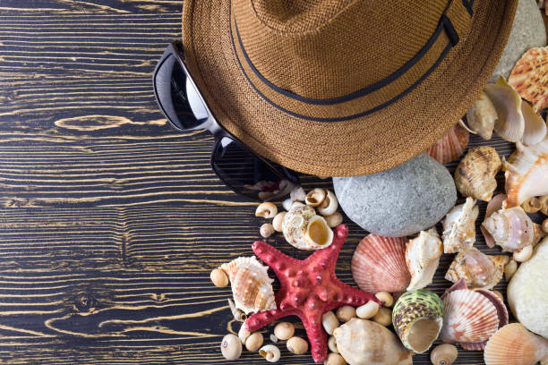 istock Beach accessories on wooden board 688103352