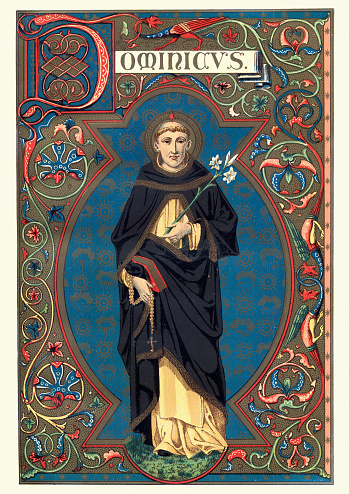 Vintage engraving of Saint Dominic, also known as Dominic of Osma and Dominic of Caleruega, often called Dominic de Guzman and Domingo Felix de Guzmán (August 8, 1170 – August 6, 1221), was a Castilian priest and founder of the Dominican Order. Dominic is the patron saint of astronomers.