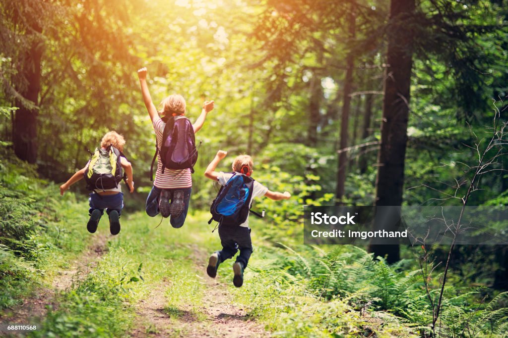 Happy little hikers jumping with joy Brothers and sister hiking in beautiful forest. Kids are jumping with joy on forest path.
 Child Stock Photo
