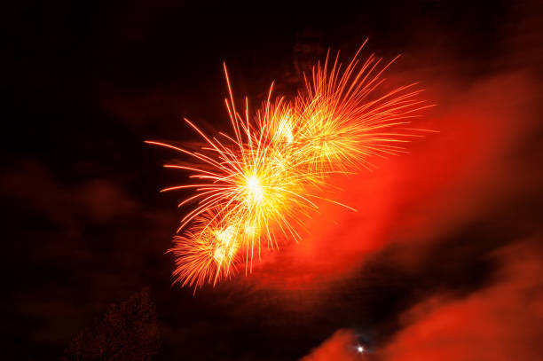 istock Fireworks light up close-up against dark sky 688113844