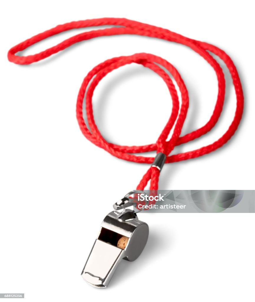 Whistle. Sports whistle with a lace. It is isolated on a white background Whistle Stock Photo