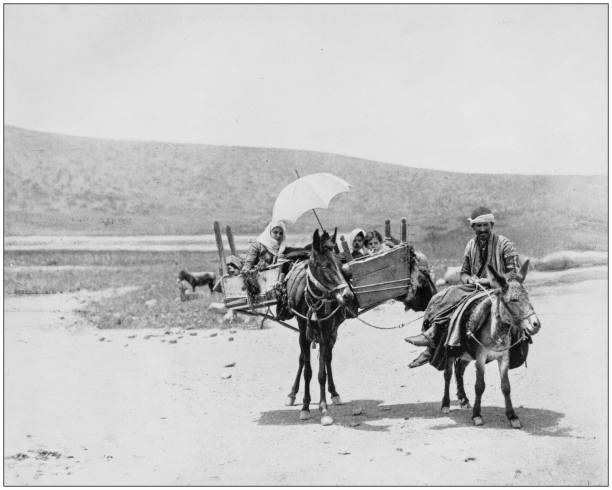 Antique photographs of Holy Land, Egypt and Middle East: Family traveling in Galilee Antique photographs of Holy Land, Egypt and Middle East: Family traveling in Galilee galilee photos stock illustrations
