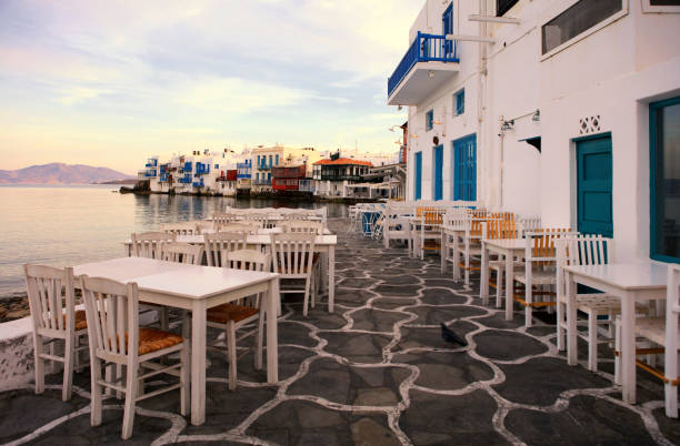 istock Waterfront tables, Mikonos Island, Greece 688133290