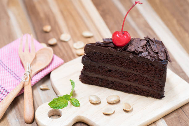 istock chocolate cake on wooden plate 688135584